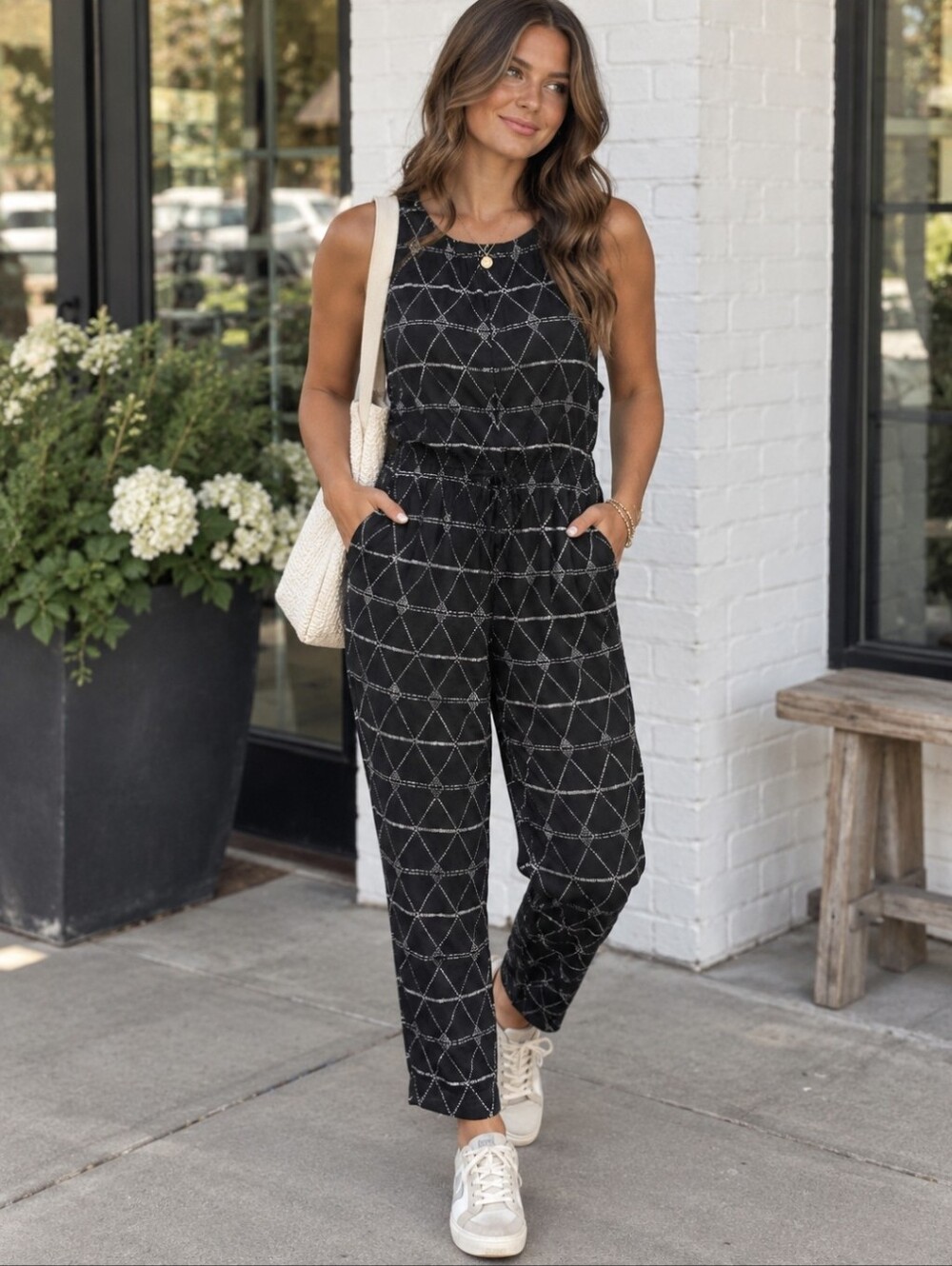 Madewell Diamond Argyle Print Tie Waist Jumpsuit Black XS